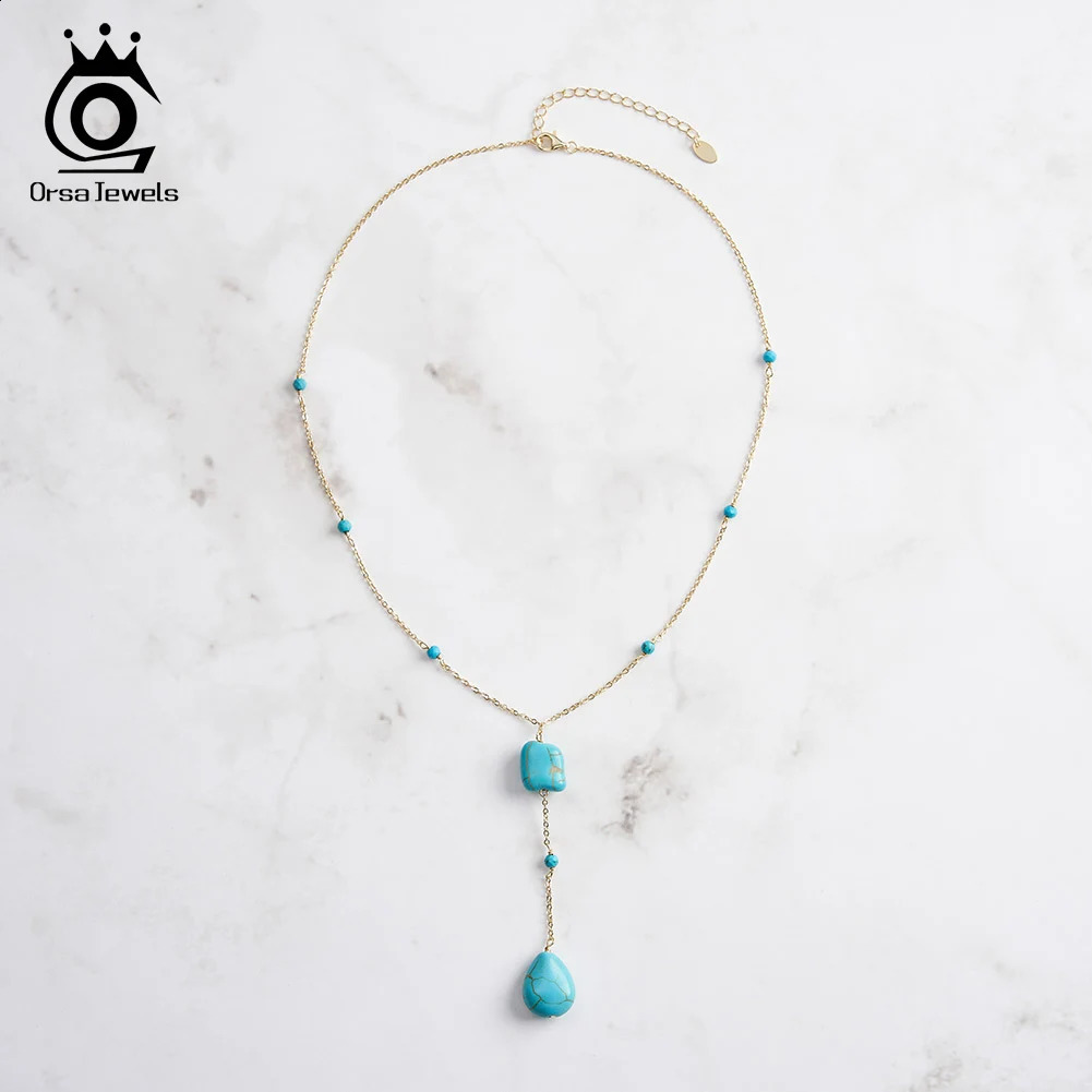 ORSA JEWELS Fashion Y-shaped Necklace 925 Pure Silver Irregular Turquoise Long Chain Necklace Womens Jewelry GMN50 241120