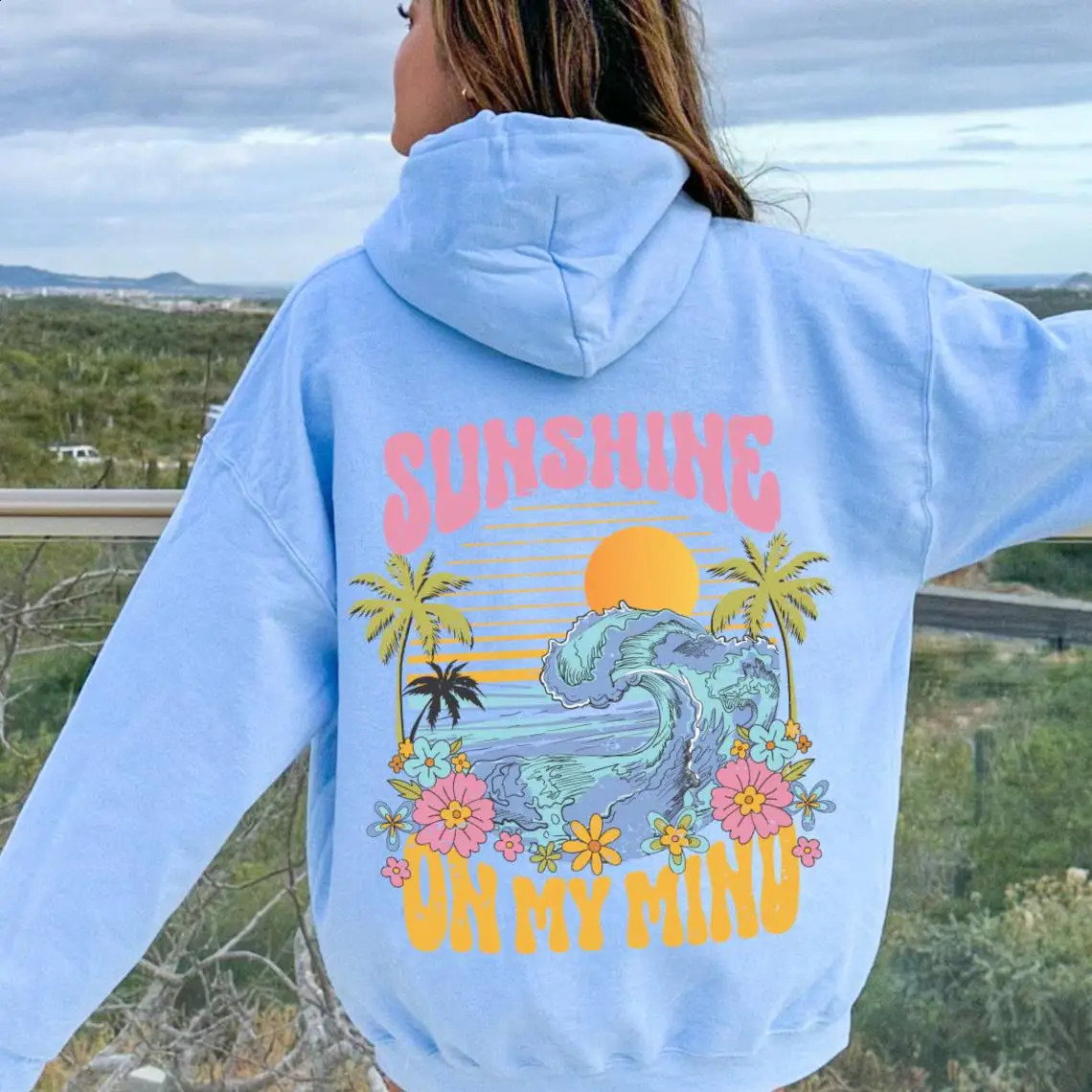 Beach Sunshine on my Mind Hoodie Sunset Oversize Hooded Sweatshirts Woman Aesthetic Long Sleeves Soft Crewneck Streetwear Clothe 241121
