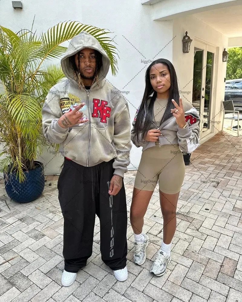 Trendy Zipper Hoodie American Style Colorful Letter Jacket Men High Street Hip-hop Casual Oversized Sweatshirt Women 241121