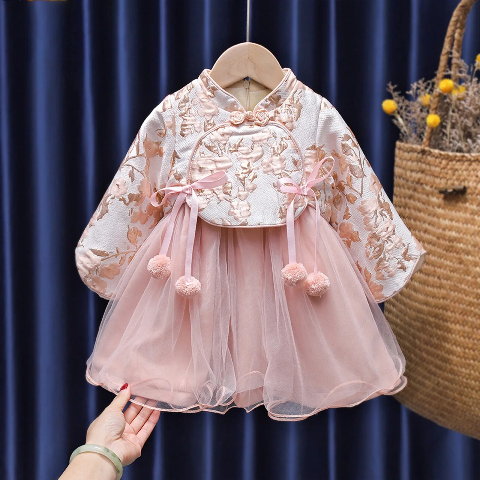 Girls wool lined ancient Chinese clothing dresses childrens Years clothing autumn and winter Hanfu dresses baby girls 6M-6Y Vestido 241121