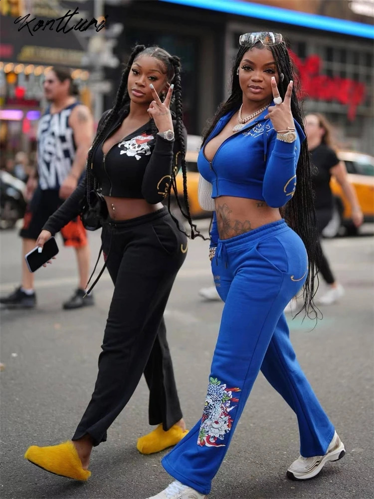 Y2k Womens 2024 Black Printed Hoodie Sports Pants Autumn/Winter Blue Body 2-piece Set R241121