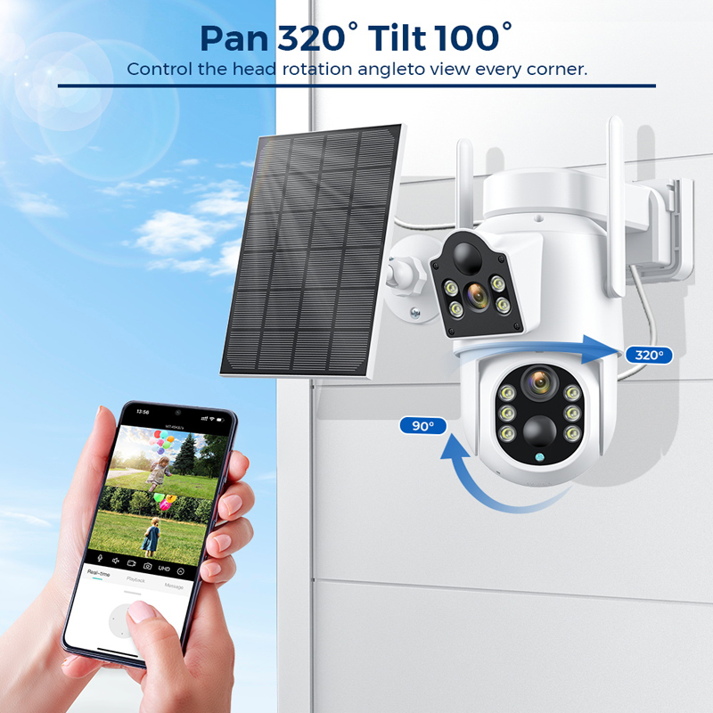 TQ9 4MP Wireless Solar Camera Dual lens WiFi PTZ Camera Outdoor Built-in Battery Video CCTV Surveillance Camera Long Time Standby