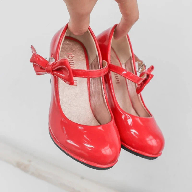 Fashion Girls High Heels Glossy Bowtie Kids Leather Shoe Spring Autumn Children Causal Princess Dress Shoes for Evening Party 250114