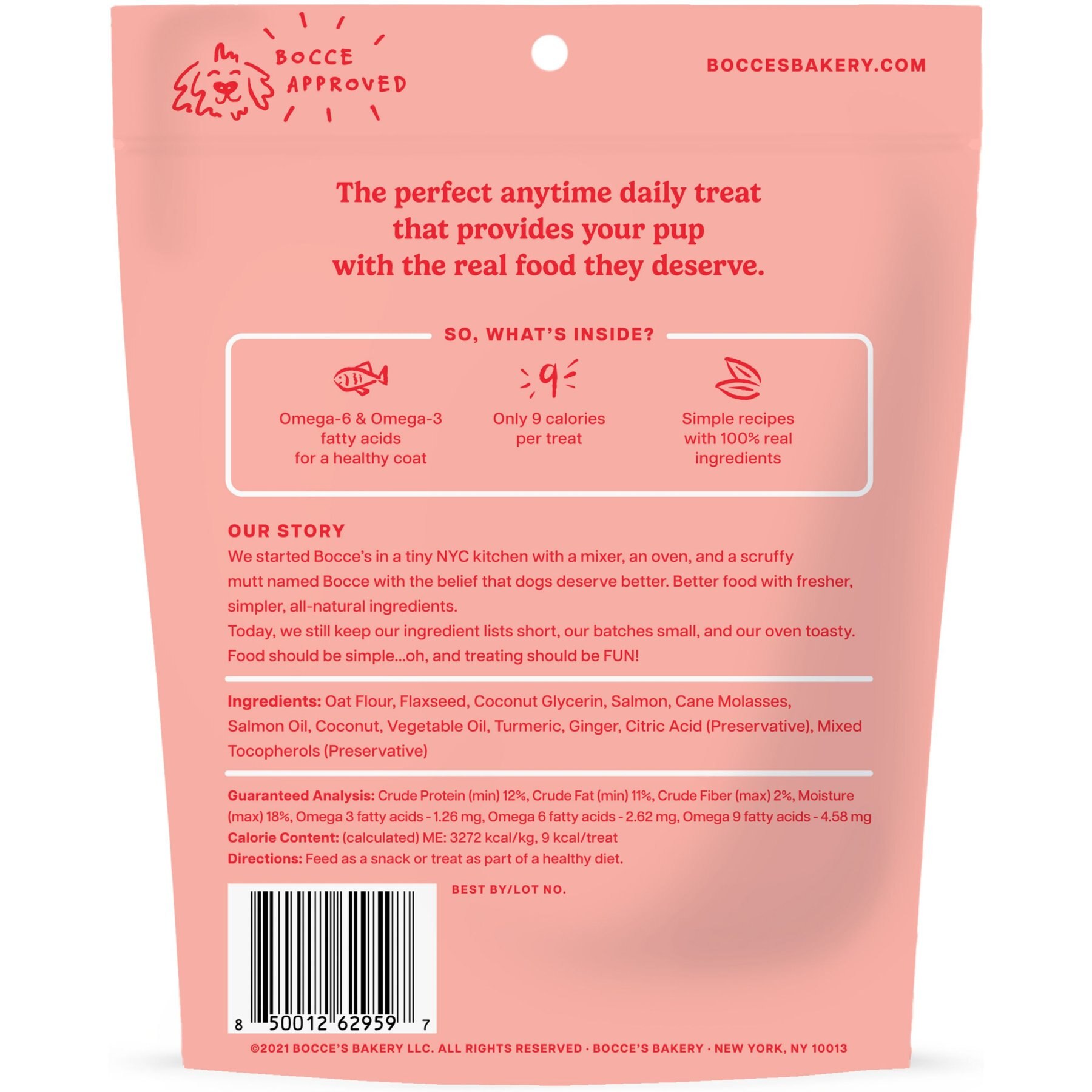 Bocce's Bakery Dailies Good Hair Salmon Recipe Dog Treats, 6-oz pouch