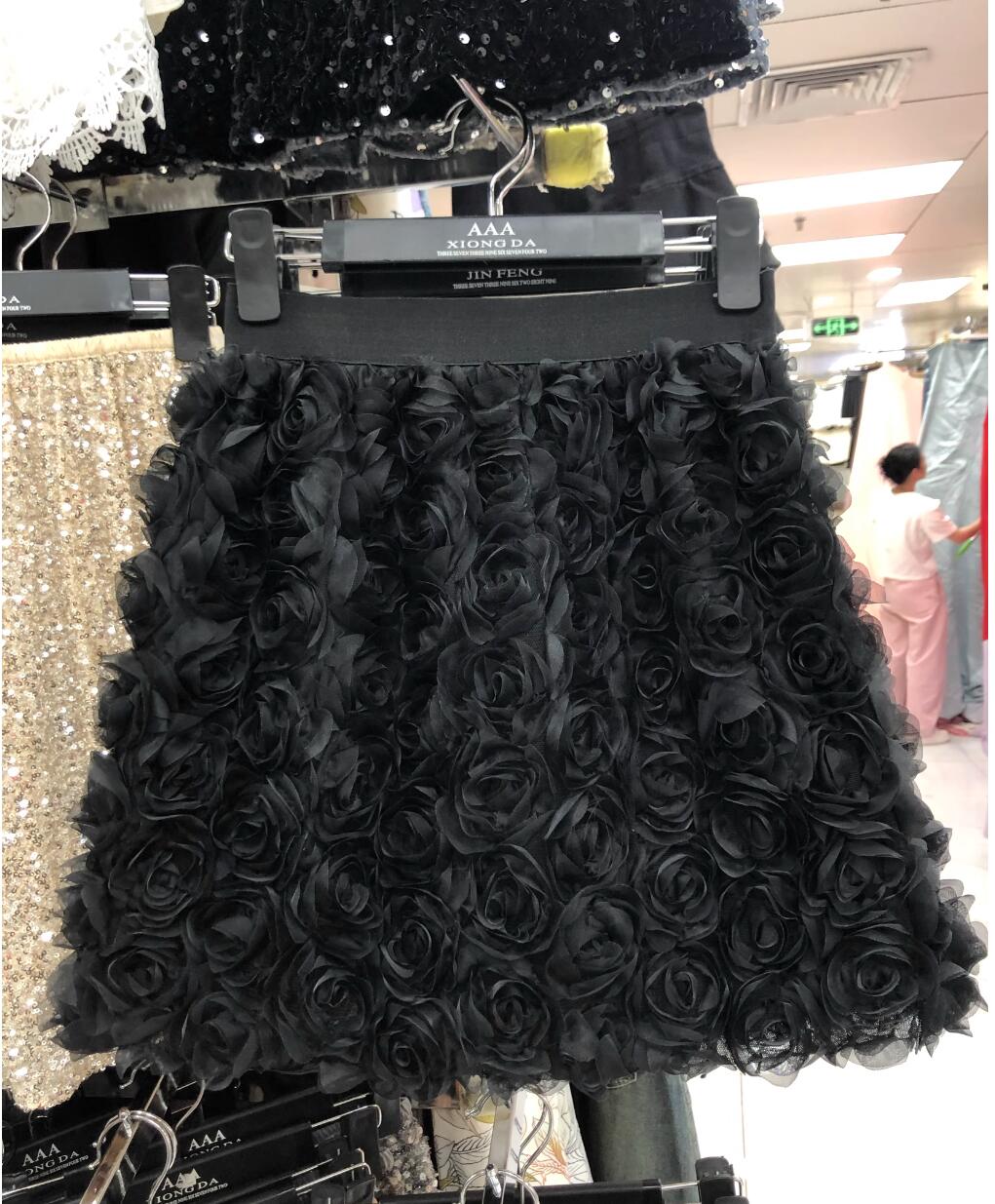 Womens fashion A-line skirt elastic high waist elegant 3D rose summer desinger skirt