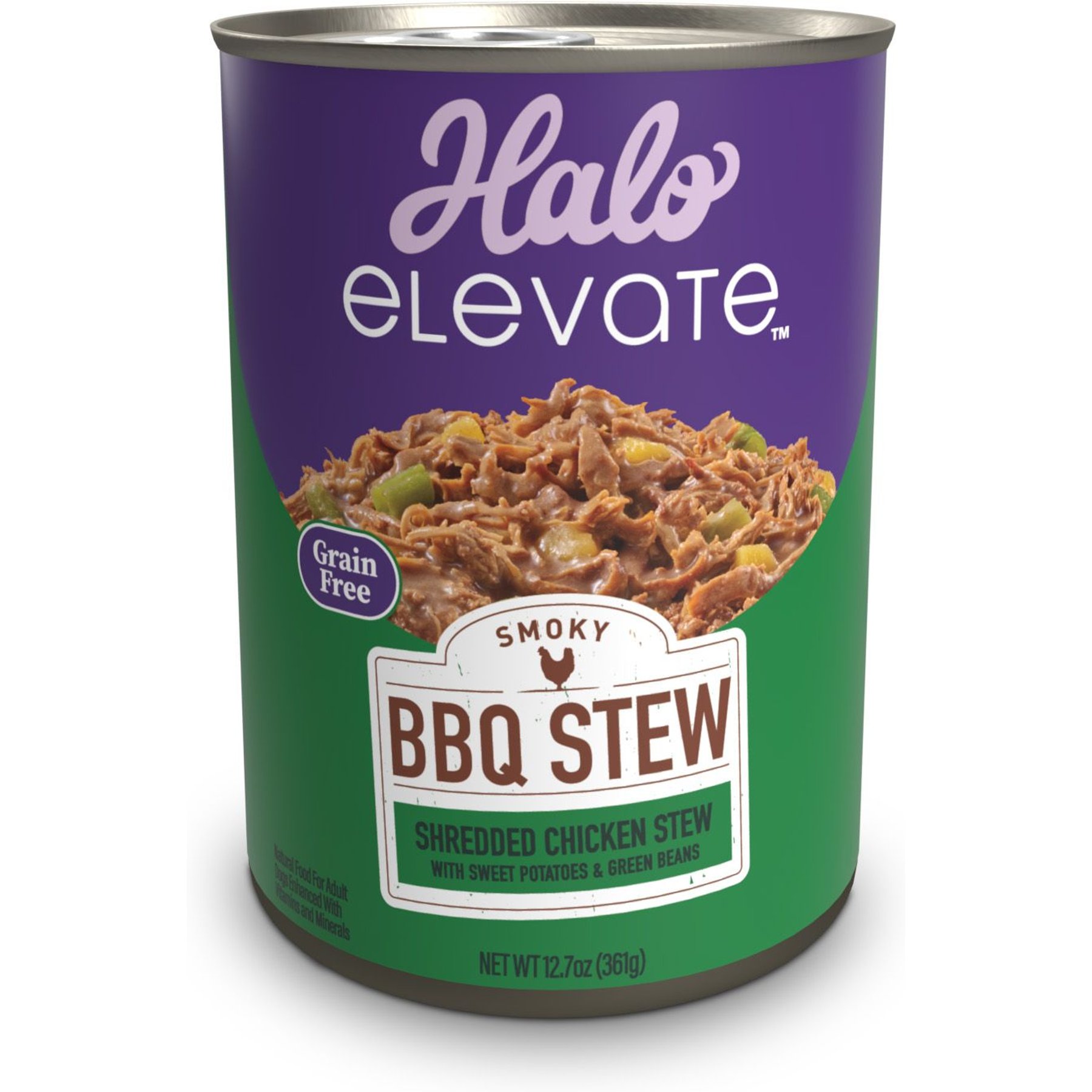 Halo Elevate Smoky BBQ Shredded Chicken Stew with Sweet Potatoes & Green Beans Grain-Free Wet Dog Food, 12.7-oz can, case of 6