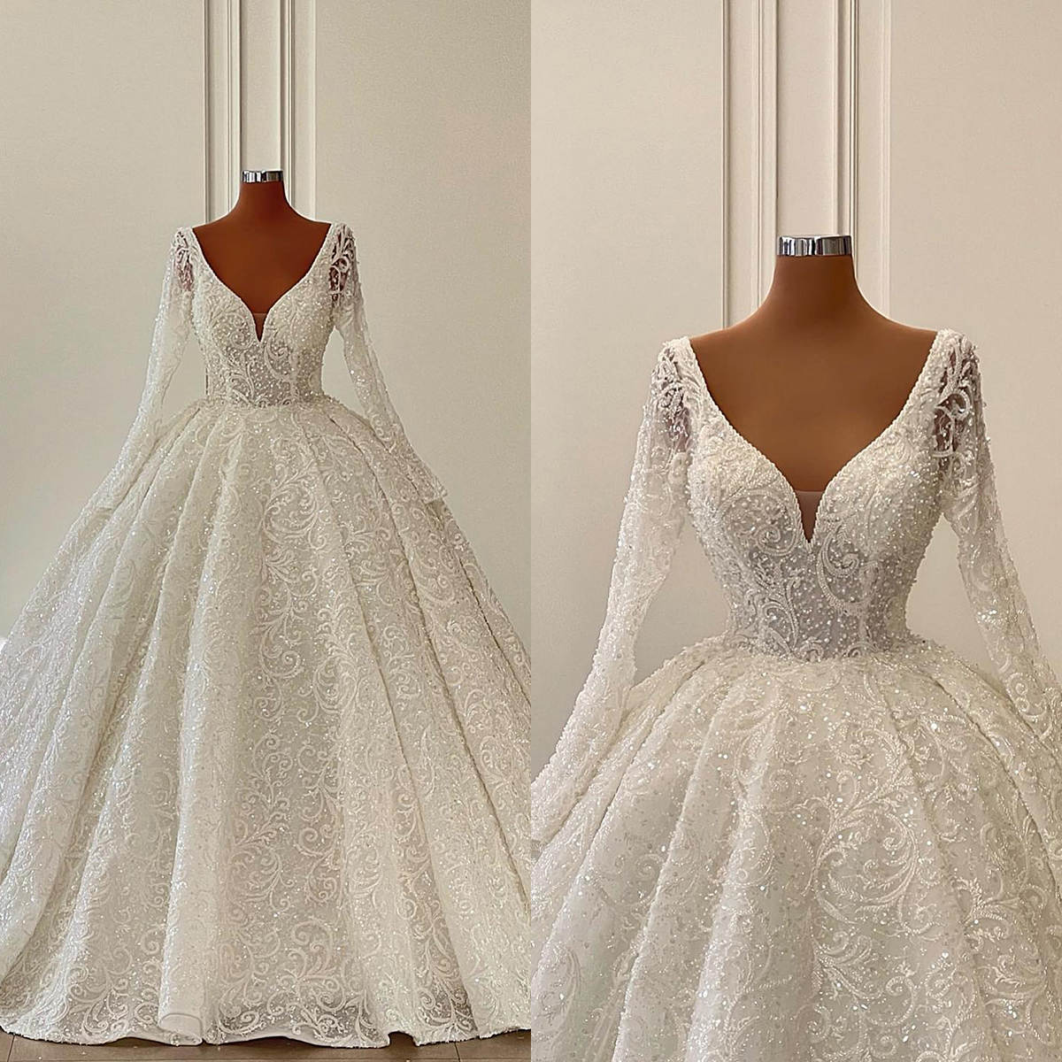 Vintage Ball Wedding Dresses V Neck Long Sleeves Bridal Gown Sequins Lace Appliques Sweep Train Customized Dress vestidos de novia