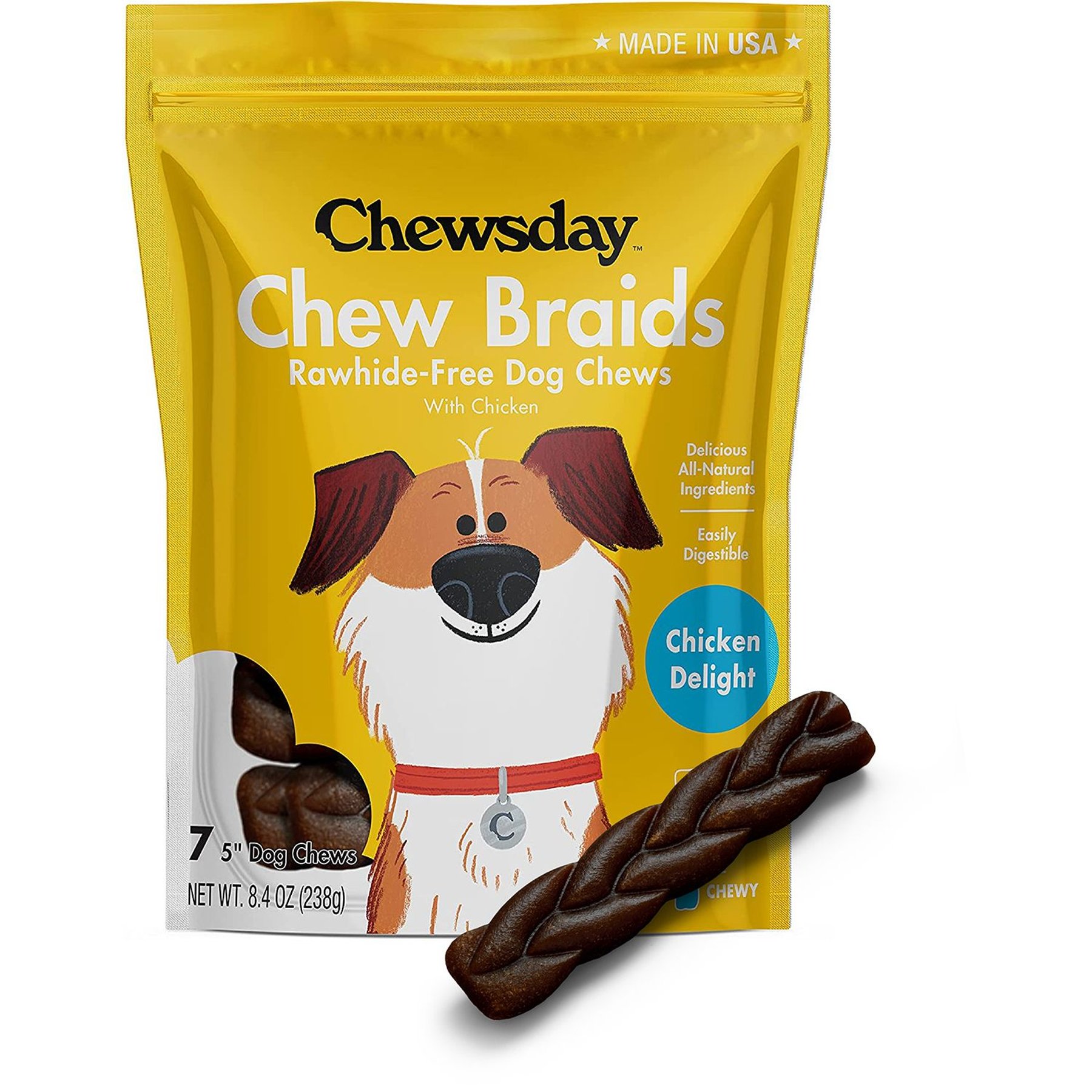 Chewsday Chicken Delight Chew Braids Rawhide-Free Dog Hard Chews, 7 count, Small