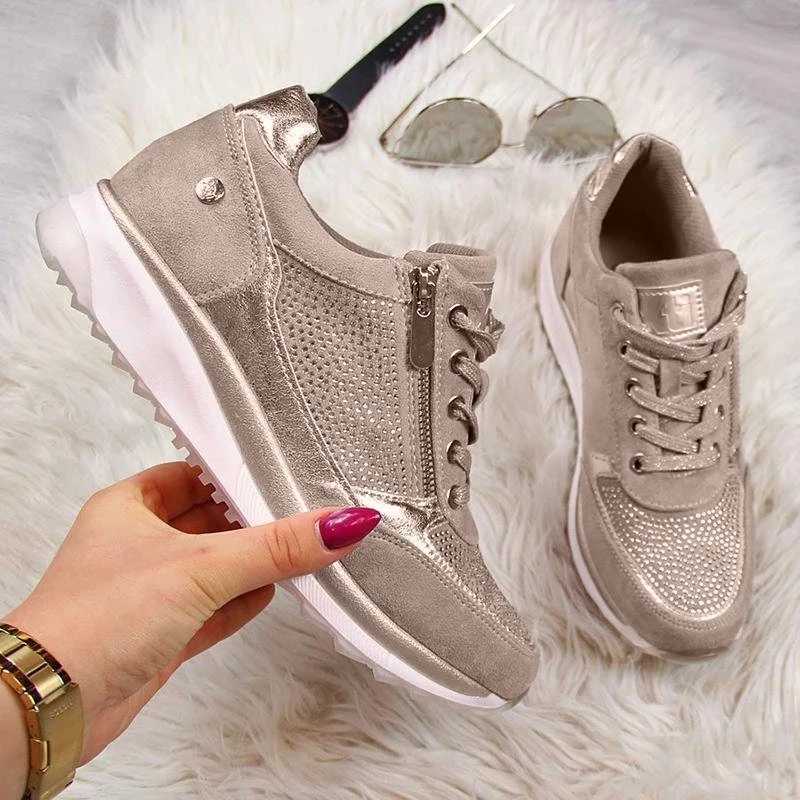 Womens shoes gold sports shoes zipper platform trainer womens shoes casual lace top Tenis Feminino Zapatos De Mujer womens sports shoes M241225