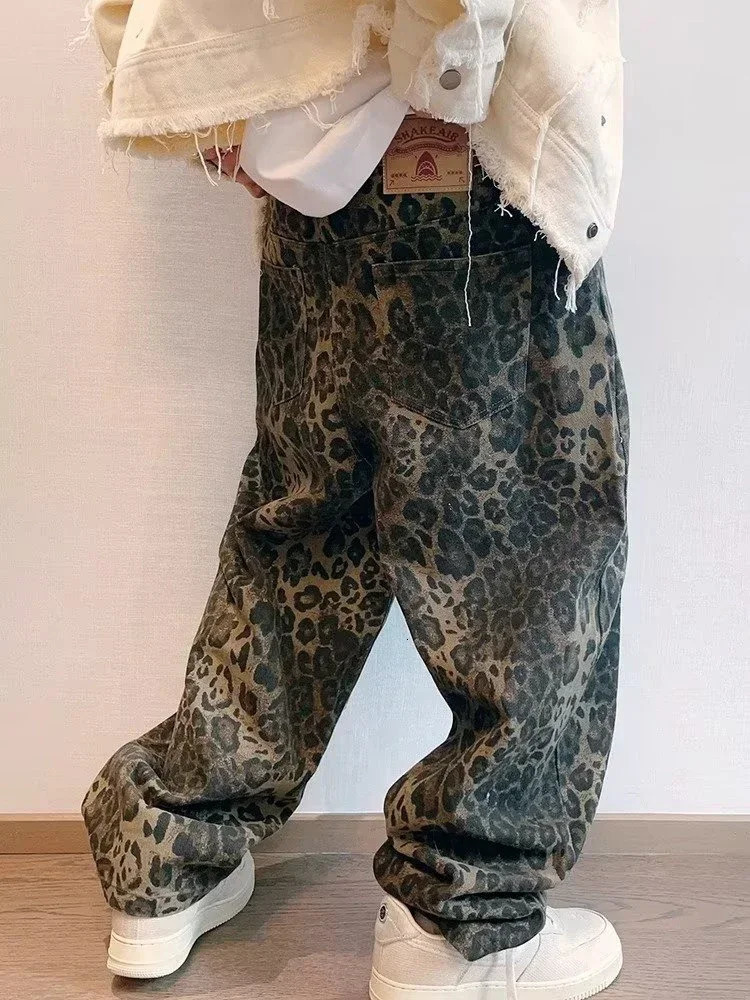 HOUZHOU Tan Leopard Jeans Men Denim Pants Male Oversize Wide Leg Trousers Streetwear Hip Hop Vintage Loose Casual Animal Print 240420
