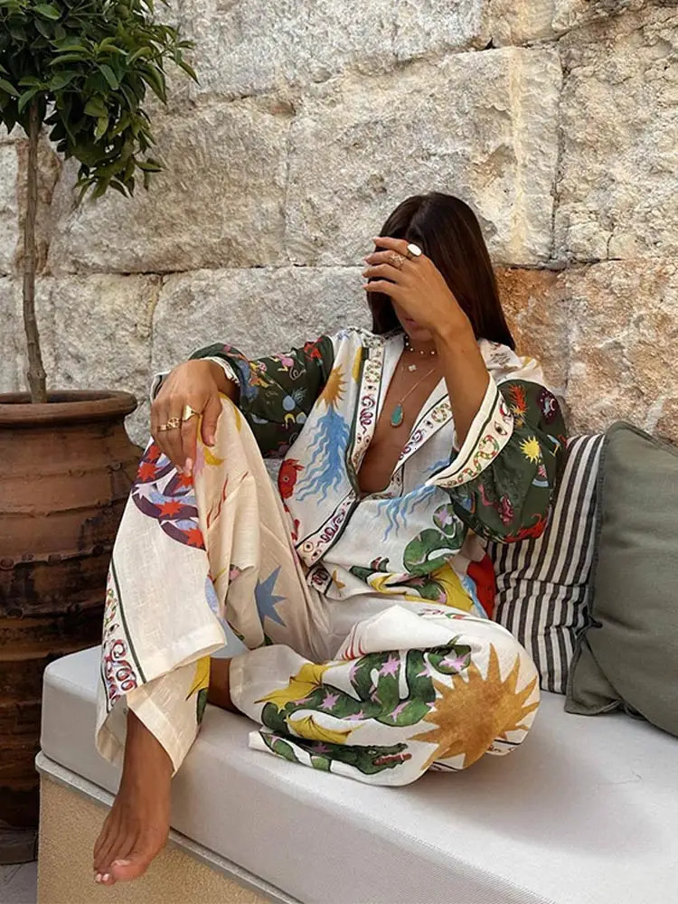 Spring Women Cartoon Print Pant Two Pieces Set Fashion Loose Lapel Long Sleeve Shirt Suit Summer Chic Female Soft Homewear 240415