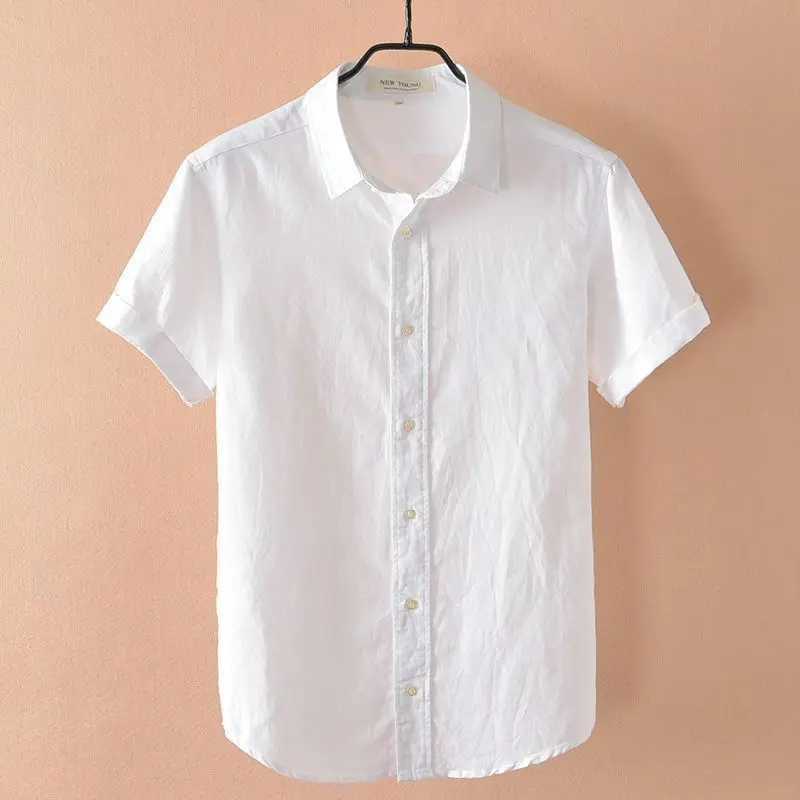 Mens Cotton Linen Short Sve Slim Fit Shirt Breathable Summer Cotton Linen Blend Tops Casual White Button Down ShirtXJ241120