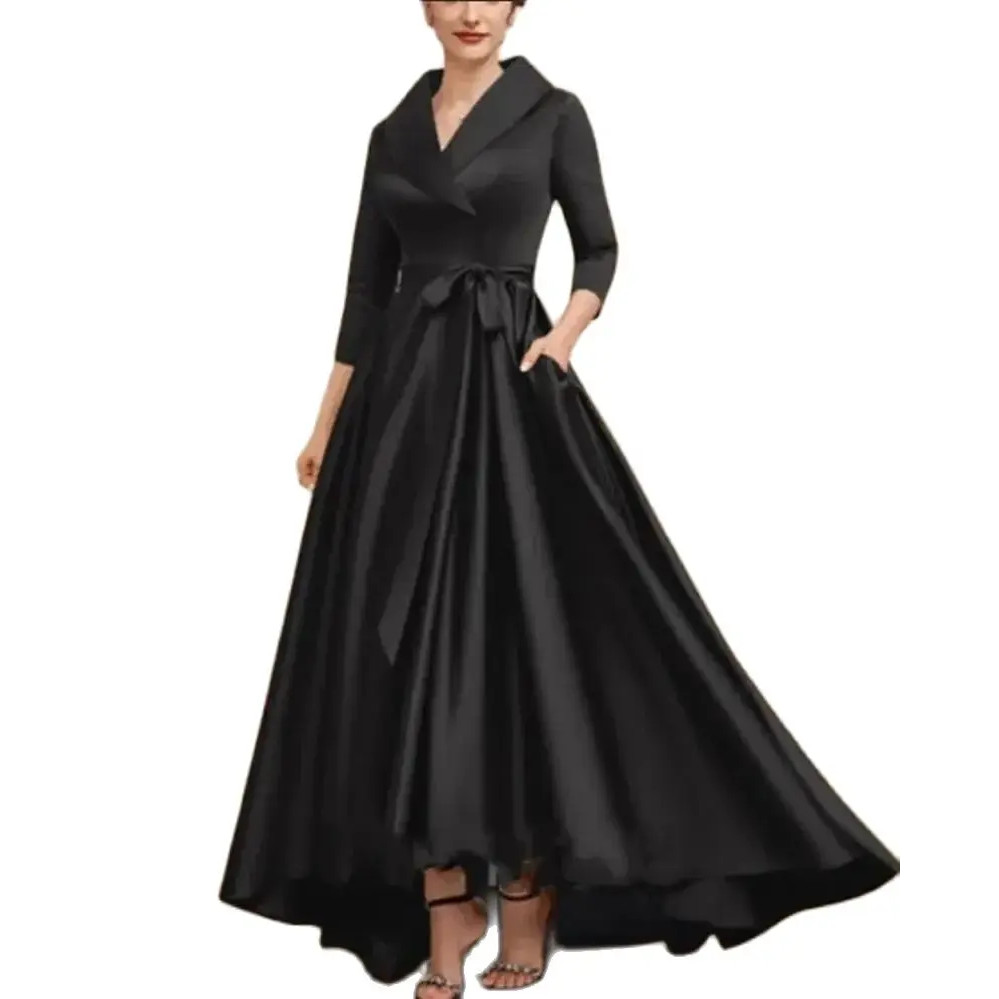 Elegant Long High-Low Satin Mother Of The Bride Dresses Asymmetrical Plus Black V-Neck Groom Mother Dresses With Pockets La madre del vestido de novia