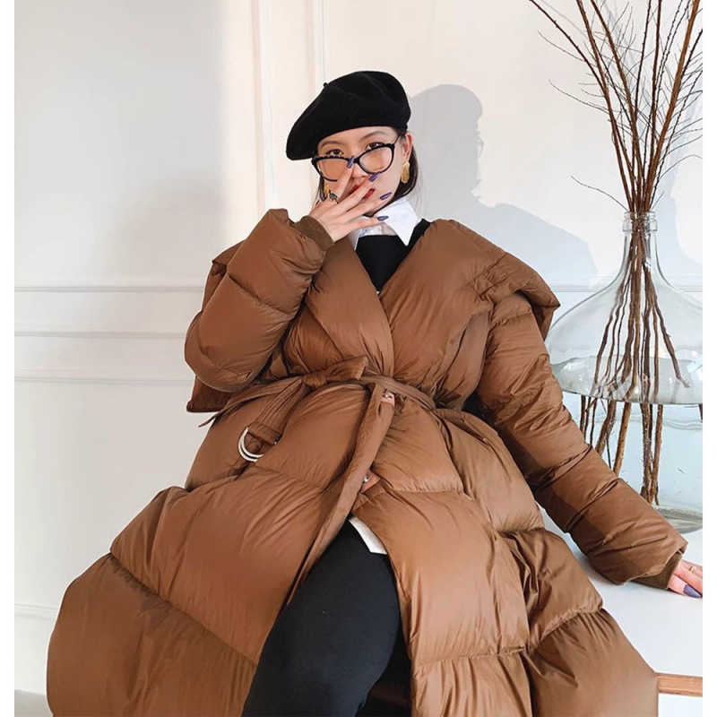 New big lapel strap temperament collar long solid color loose thickened down jacket irregular waist elegant womens coat W241019