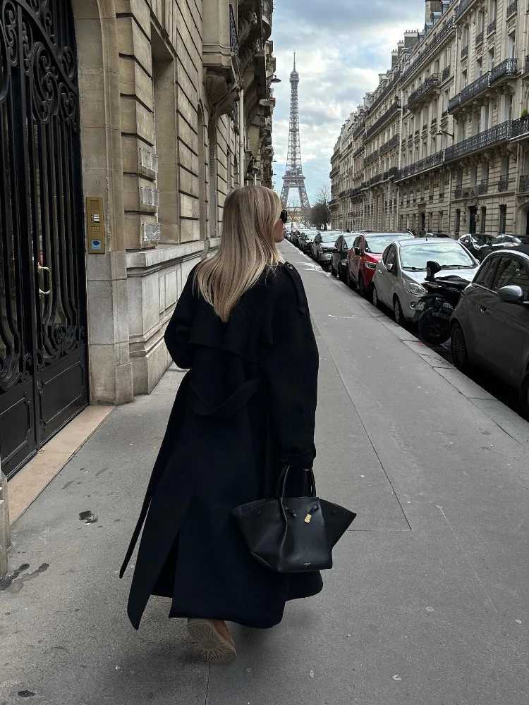 Elegant with belt black long coat womens oversized wool double button lapel coat autumn new womens high-end coat X241120