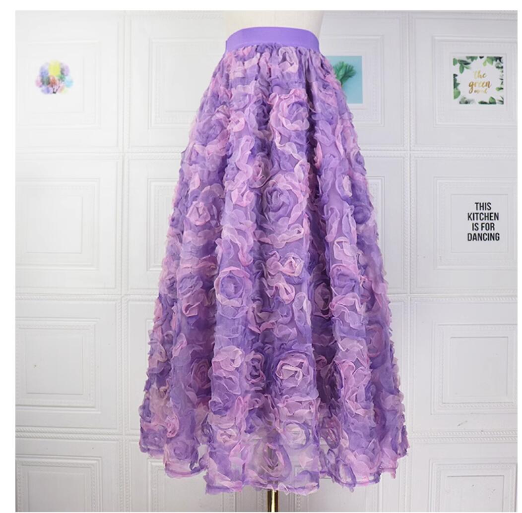 Female elastic waist rose flower gauze fashion French elegant ball dress long skirt pink purple 2 color SL