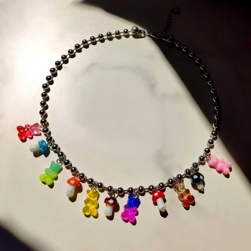 Pendant Necklaces Stainless steel Ball Link Chain Necklace for Women Cute Gummy Bear Mushroom Pendant Silver Color Necklaces Punk Handmade Jewelry Y24
