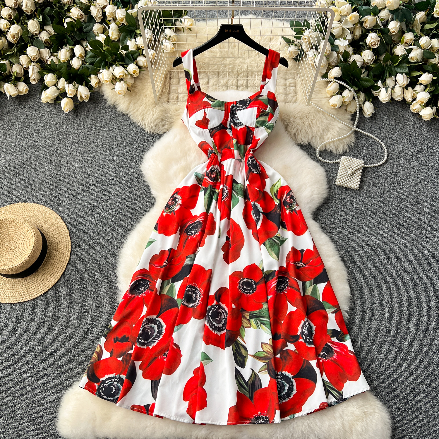 2024 Casual Dresses Summer Runway Beach Spaghetti Strap Dress Womens V-Neck Sleeveless Cup Padded Flower Print Holiday Party Vestidos