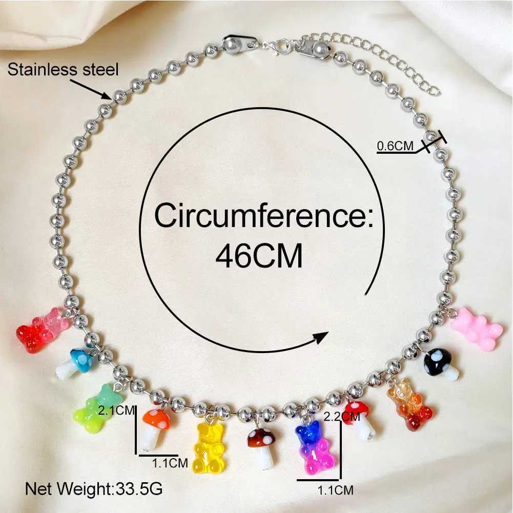 Pendant Necklaces Stainless steel Ball Link Chain Necklace for Women Cute Gummy Bear Mushroom Pendant Silver Color Necklaces Punk Handmade Jewelry Y24