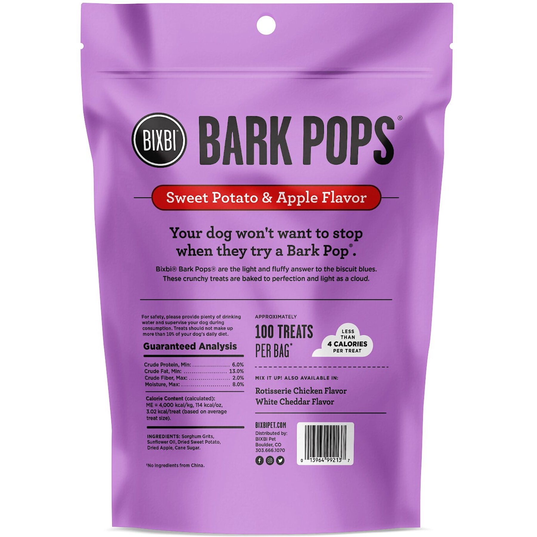 BIXBI Bark Pops Chicken-Free Sweet Potato & Apple Flavor Light & Crunchy Dog Treats
