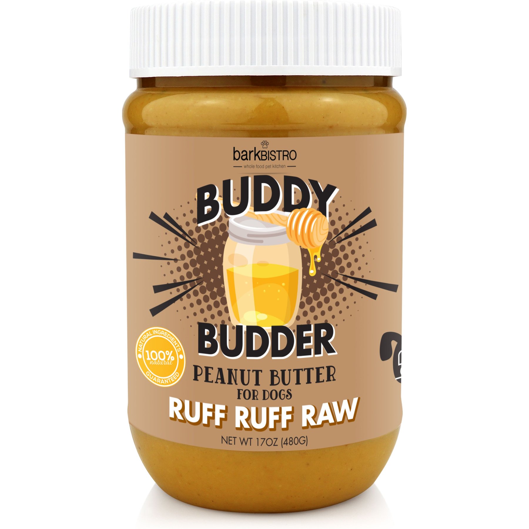 Bark Bistro Company Buddy Budder Ruff Ruff Raw Peanut Butter Lickable Dog Treats, 17-oz jar