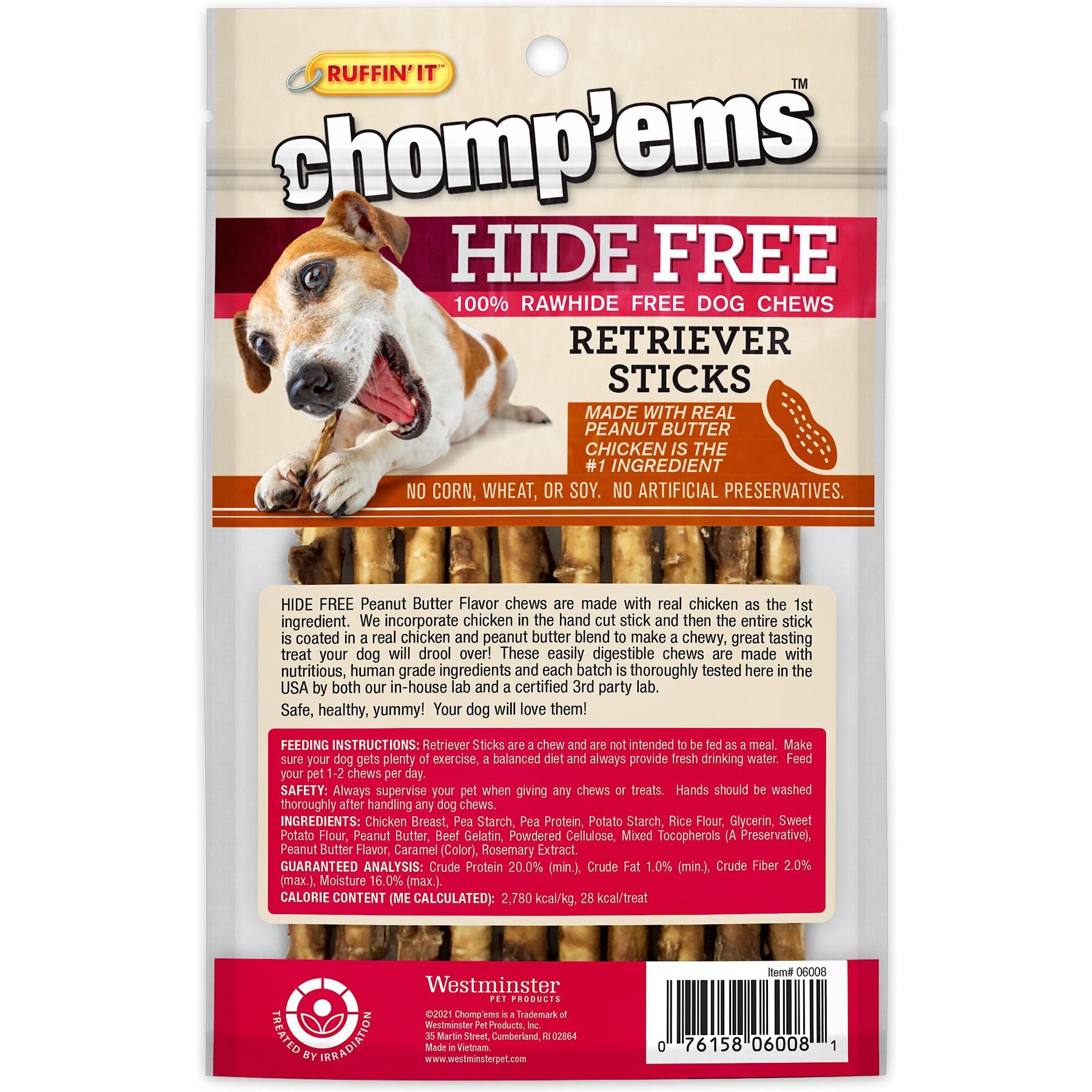 Chomp'ems Hide-Free Peanut Butter Sticks Dog Treats, 10 count