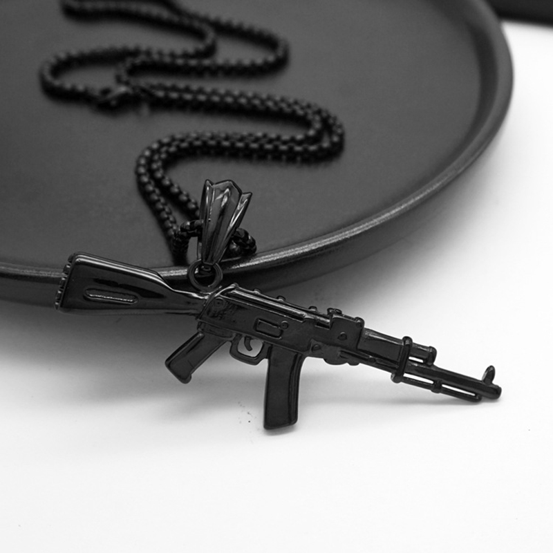 Hip Hop Vintage Punk Mens AK47 Pendant Necklace Stainless Steel 18K Gold Plated No Fade Jewelry