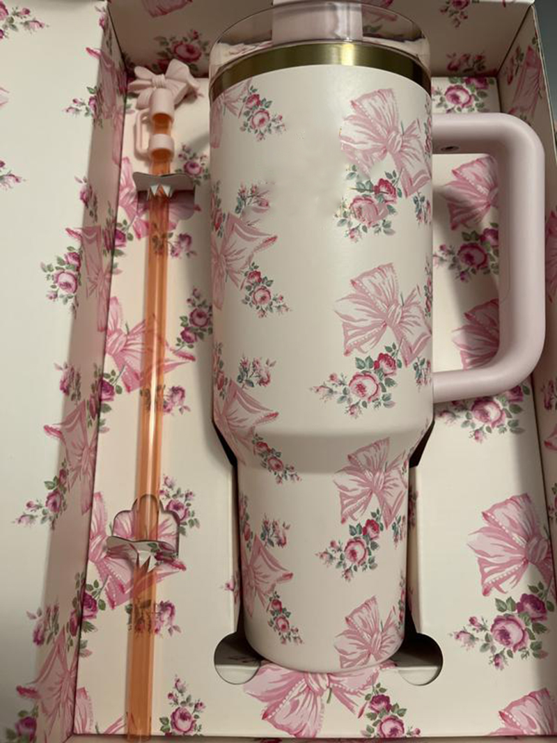 40oz Christmas Floral Cups Rose Blue Magnolia Lilac Stainless Steel Tumblers with Silicone Handle Lid Straw Wicked 40 oz Shiny Eermald Green Pink Car 