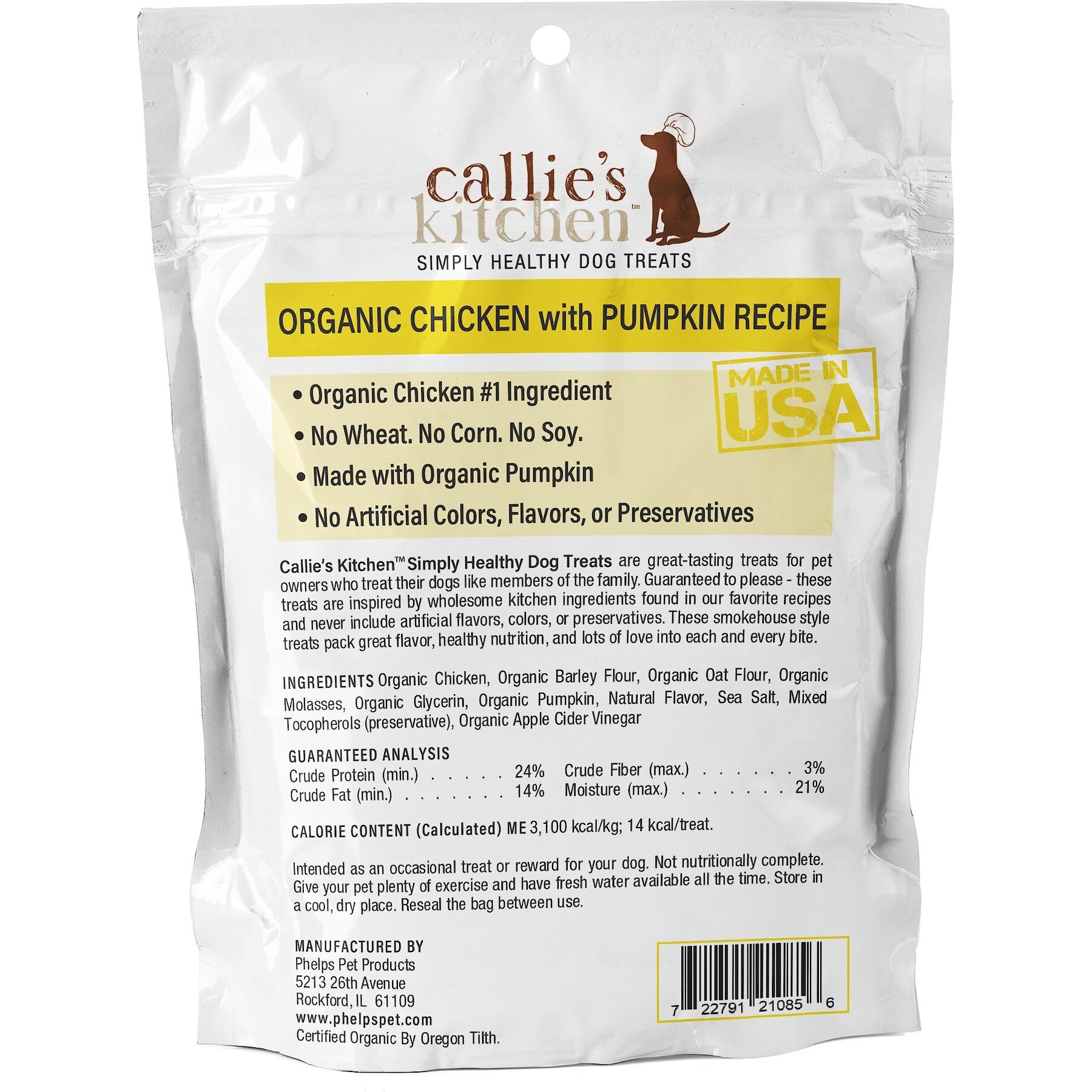 Callie's Kitchen Organic Chicken & Pumpkin Recipe Dog Treats, 4-oz bag