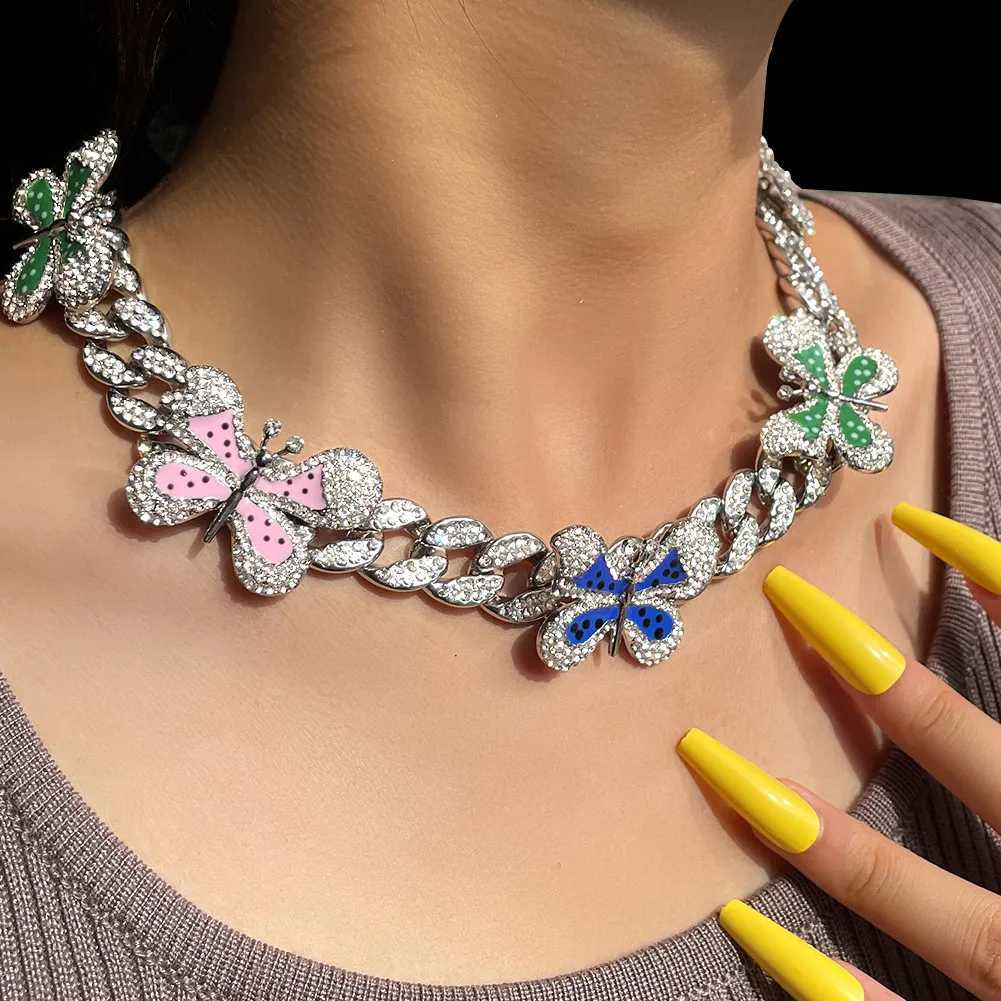 Pendant Necklaces Iced Out Full Rhinestone Enamel Butterfly Miami Cuban Link Necklace For Women Hiphop Bling Chunky Thick Cuban Choker Punk Jewely Y24