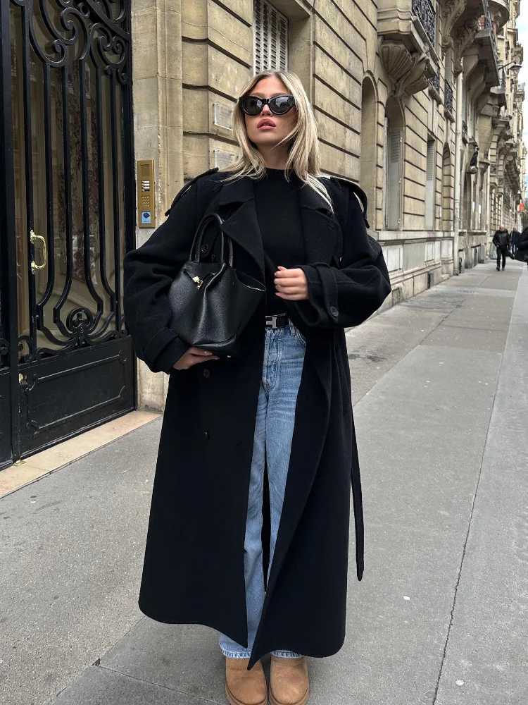 Elegant with belt black long coat womens oversized wool double button lapel coat autumn new womens high-end coat X241120