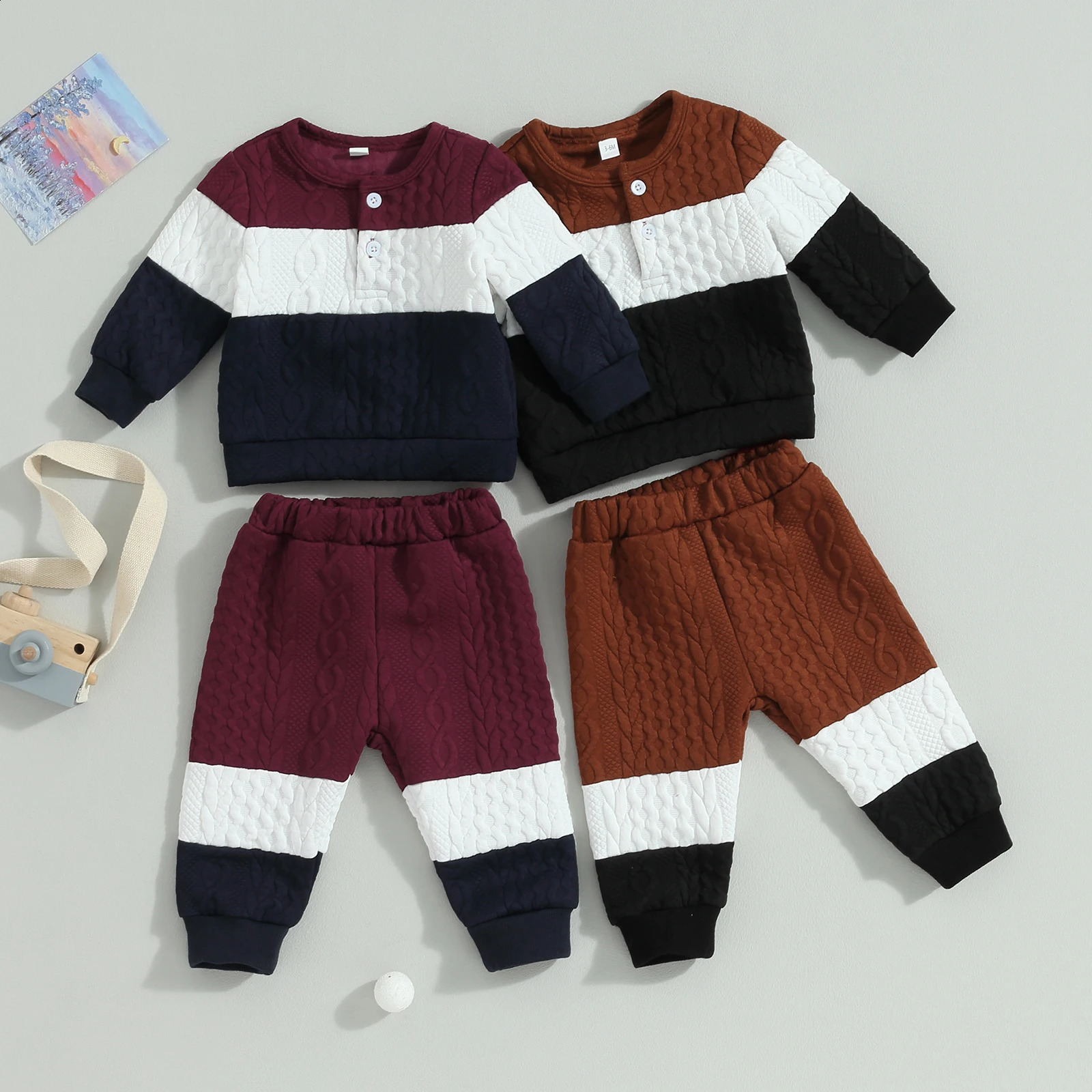 Citgeett autumn baby boys and girls knitted autumn clothing contrasting colors long sleeved button up top pants set winter clothing 241121