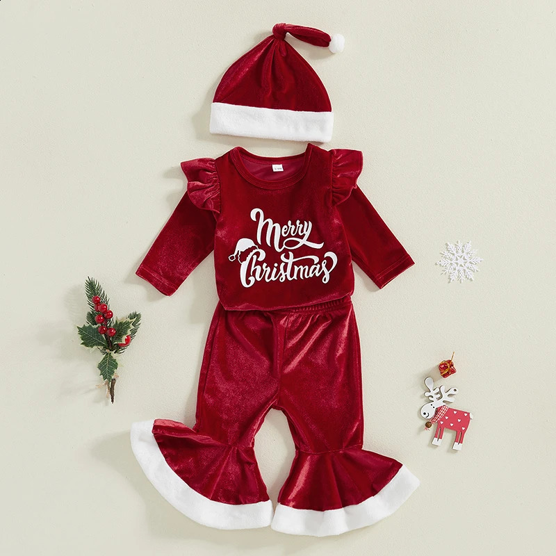 Citgeett winter baby Christmas clothing letter printing long sleeved jumpsuit flash pants hat autumn Christmas clothing set 241121