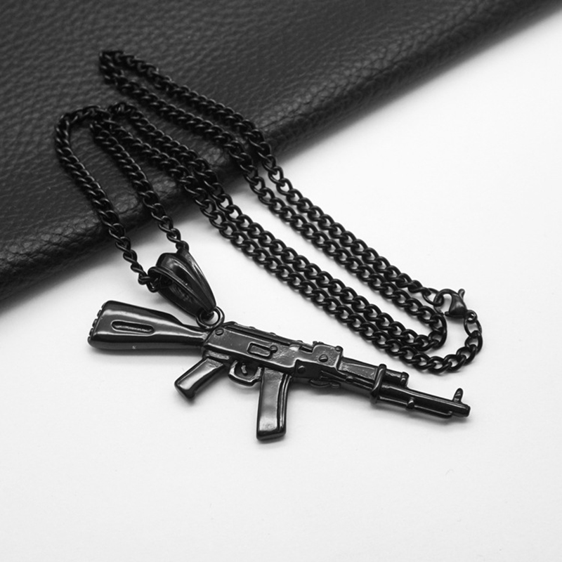 Hip Hop Vintage Punk Mens AK47 Pendant Necklace Stainless Steel 18K Gold Plated No Fade Jewelry