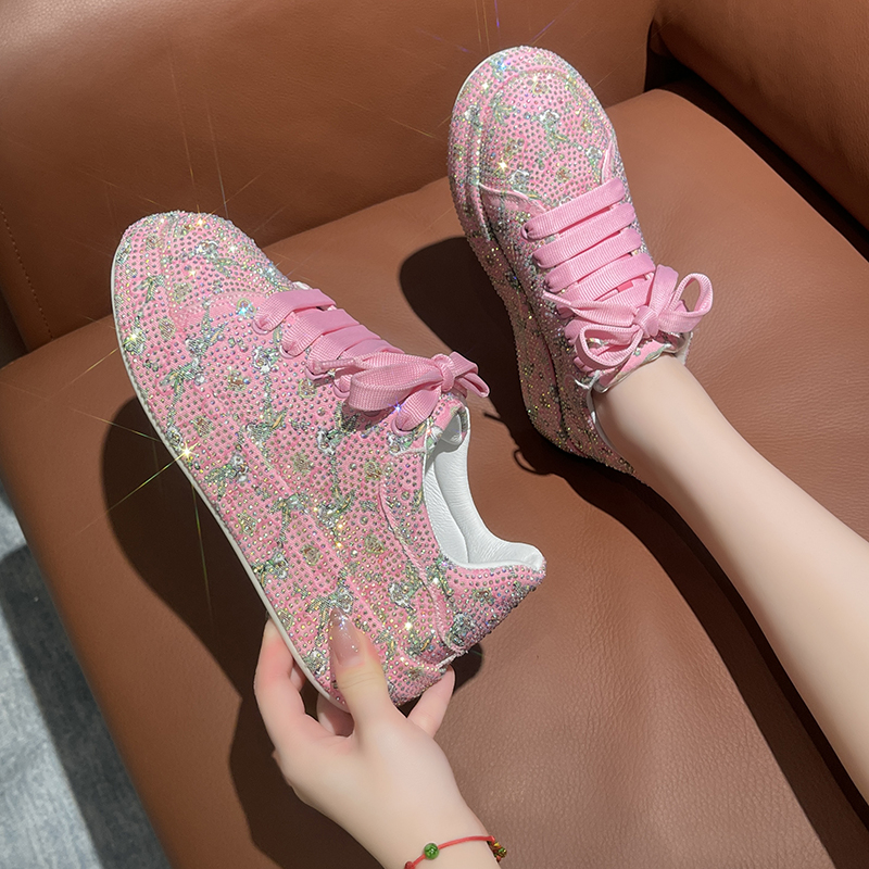 Designer shoes leather lace up women's fashionable flat sports shoes white pink women's luxurious rhinestone casual shoes high-quality casua