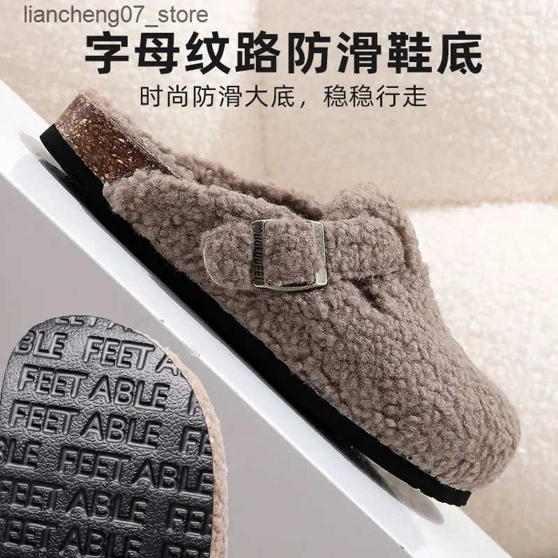 2023 Woolen Women Fluffy Slippers Closed Toe Cork Sandals Woman Mule Clogs Shoes Garden Clog Outdoor J241121
