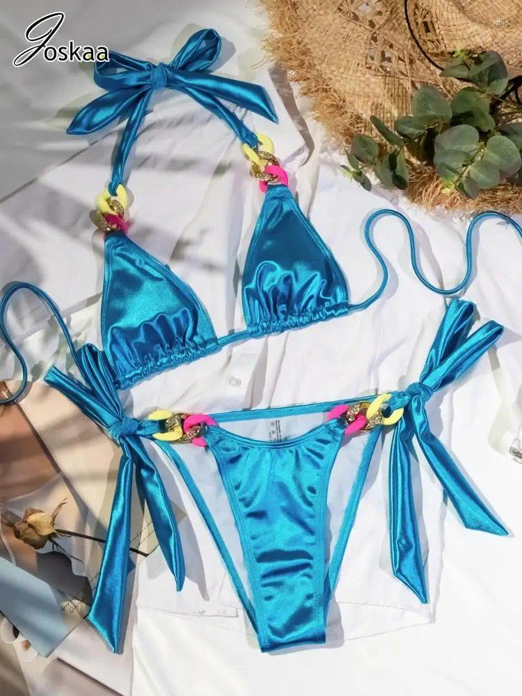 Womens Swimwear Joskaa Fashion Colorful Chain Bikinis Sets Sexy Bandage Swimsuit Women 2024 Summer Bathing Suit Beach Vacation Outfits