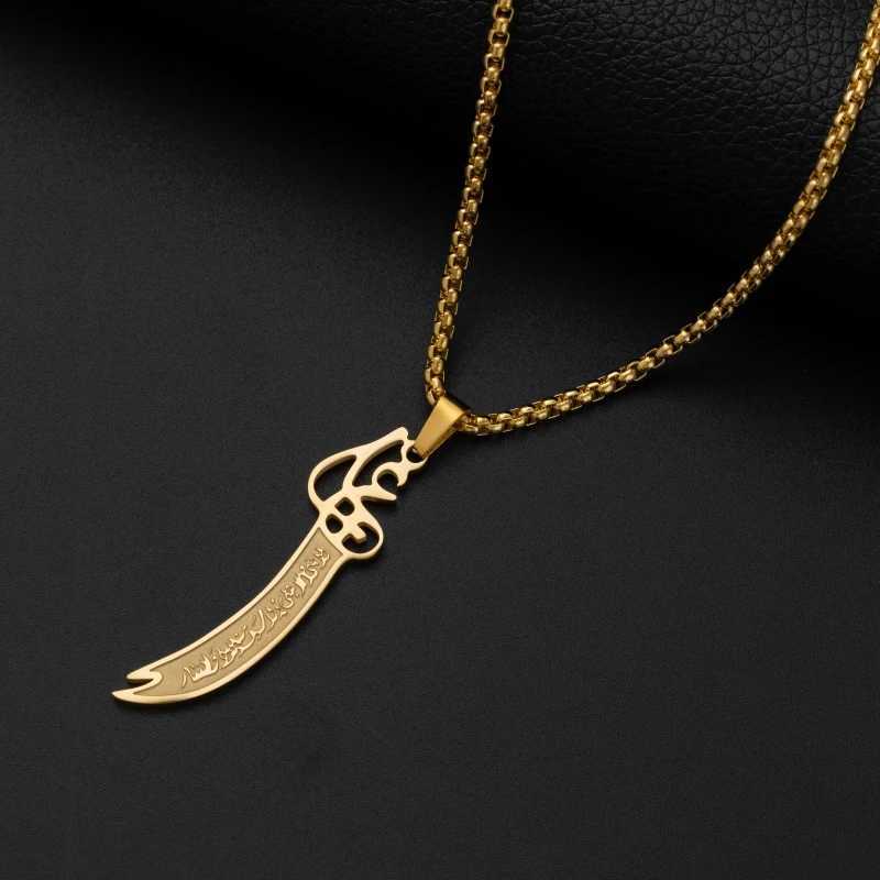 Pendant Necklaces Personality Arabic Ali Sword Stainless Steel Muslim Pendant Necklace for Men Amulet Islamic Jewelry Gift Y240420