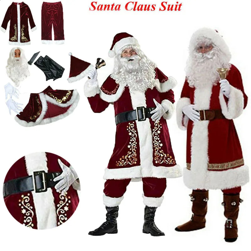 Man Santa Claus Suit Adult Christmas Cosplay Costume Red Deluxe Velvet Fancy 8pcs Set Xmas Party Family Costume Outfits 241121