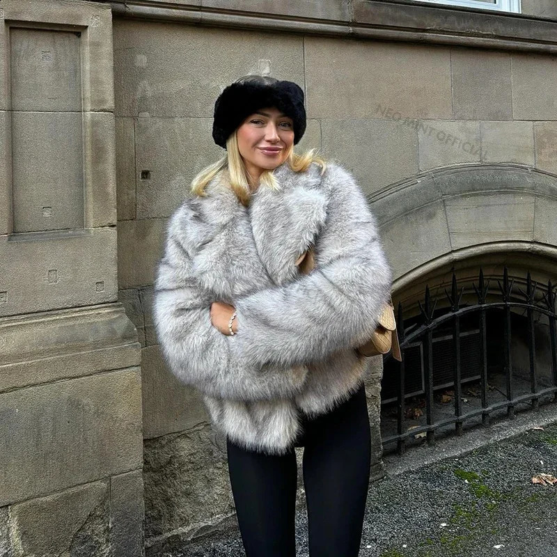 Neo Mint Chic Street Gradient Faux Fur Jacket Women Winter 2024 Fashion Fluffy Fox Fur Coat Female Outerwear 241121