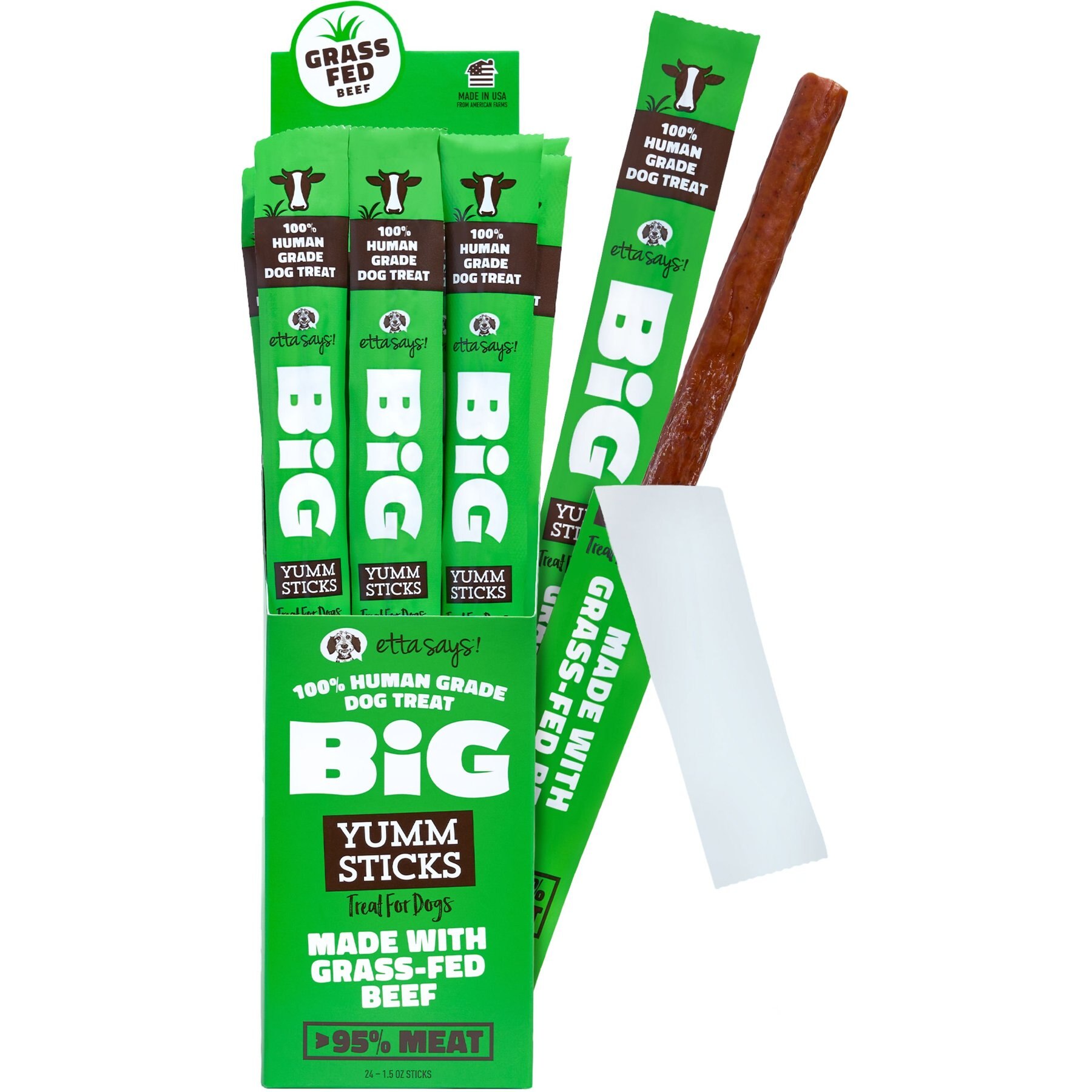 Etta Says! BIG Yumm Sticks Adult Grass-Fed Beef Human-Grade Jerky Dog Treats, 1.5-oz stick, case of 24