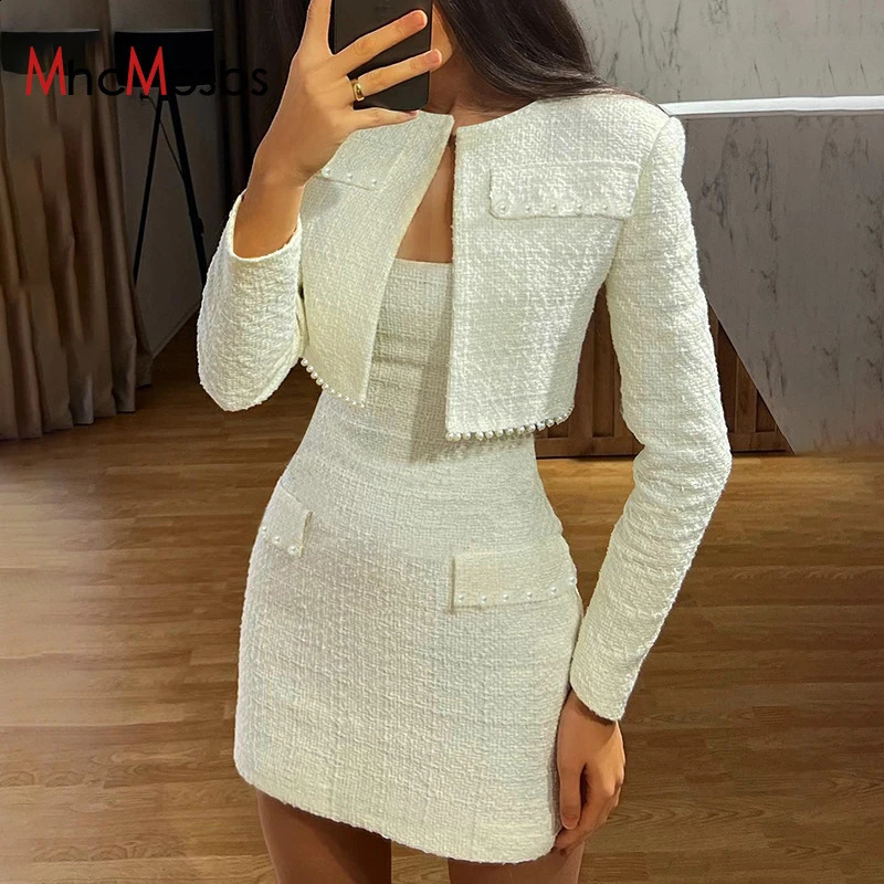 Pearl skirt set womens autumn long sleeved jacket and mini skirt two-piece elegant office womens clothing matching set 241119