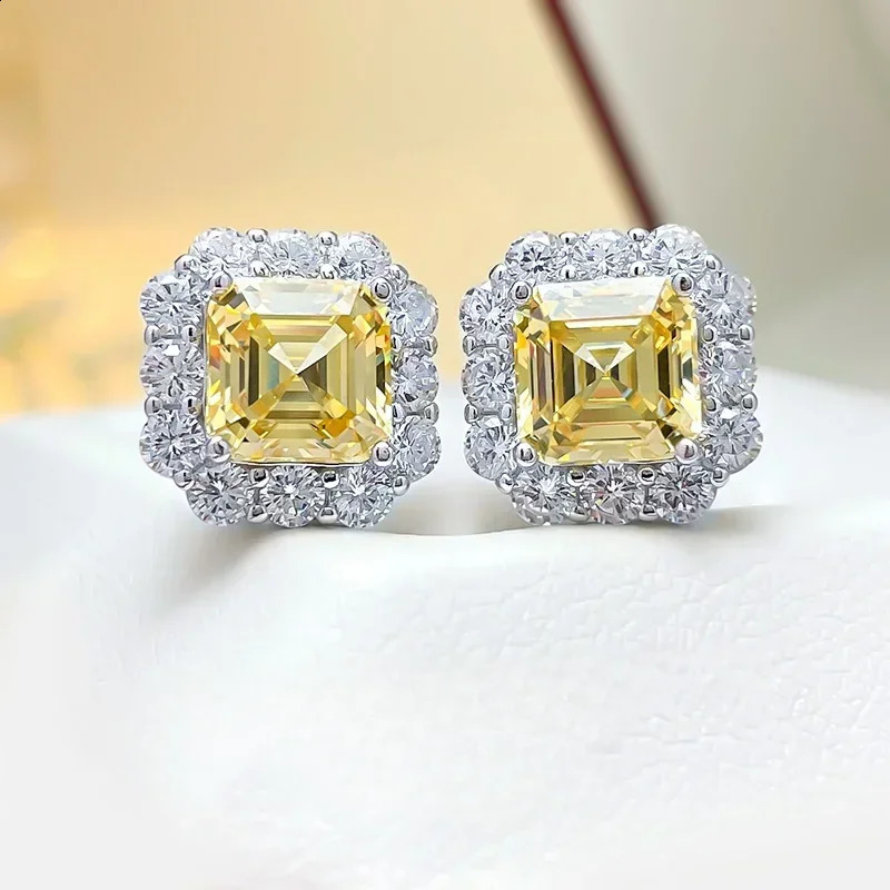 Desire Princess Square Diamond Earrings Aspagoda Cut 925 Silver Needle Small Japanese Yellow Pink241121