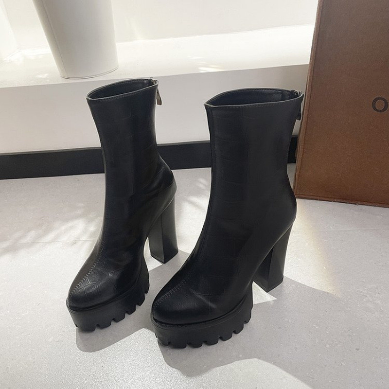 designer checkered brand leather ankle boots high heels winter botas shoes ladies short design booties for women 195f