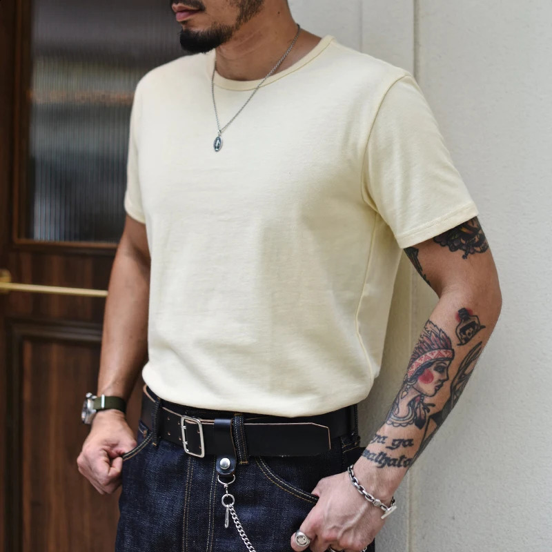 Saucezhan Tops Tees Mens T-shirt Summer Short Sleeve 5-Color Pure Cotton Anti Double Woven Fabric 340g 241118