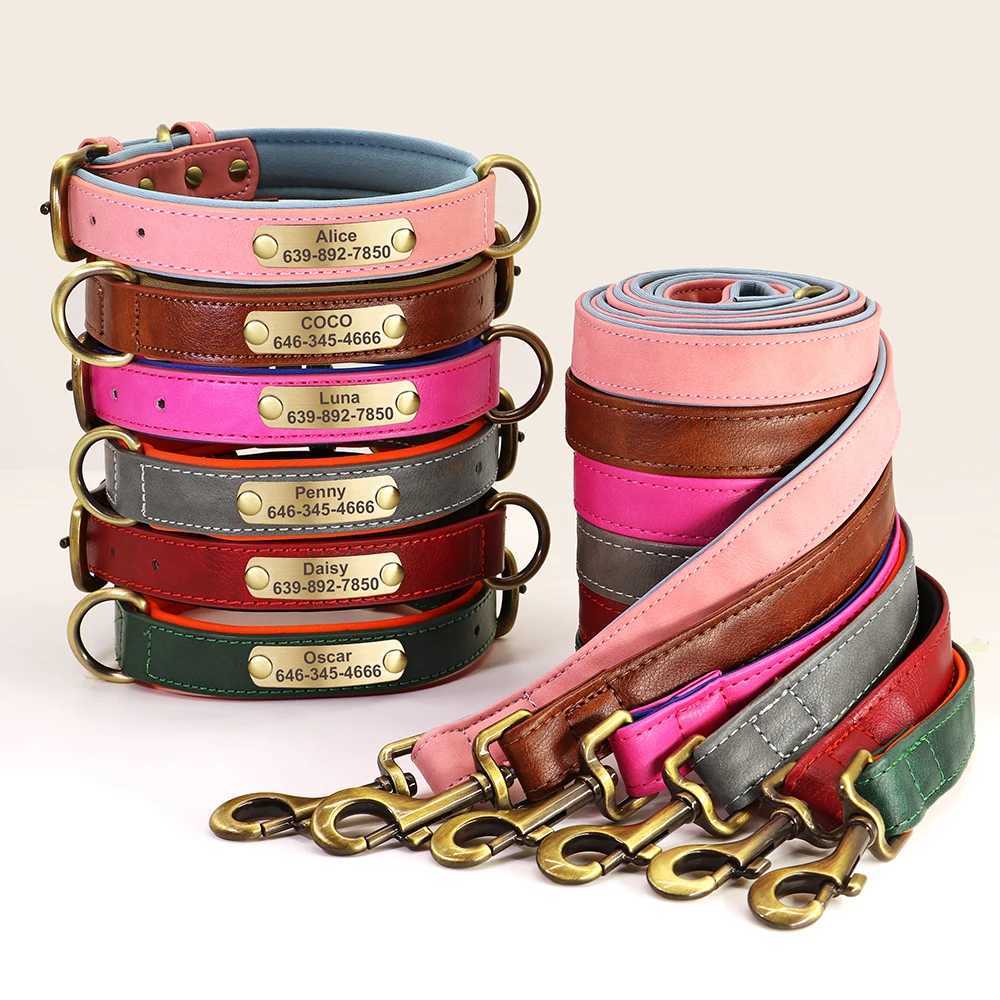 Personalized Dog ID Collar With Leash Soft Padded PU Leather Dogs Collar and Leash Set Anti-lost Tag For Small Medium Large DogsXJ241114