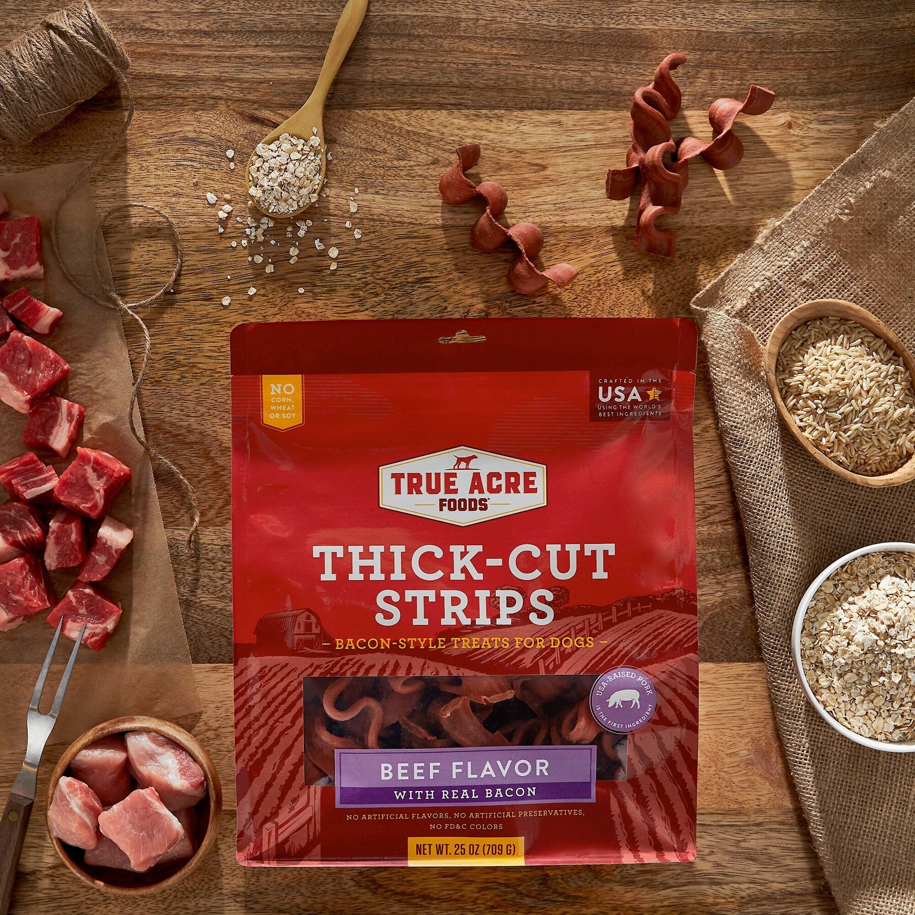True Acre Foods Thick Cut Strips with Real Bacon and Beef Dog Treats