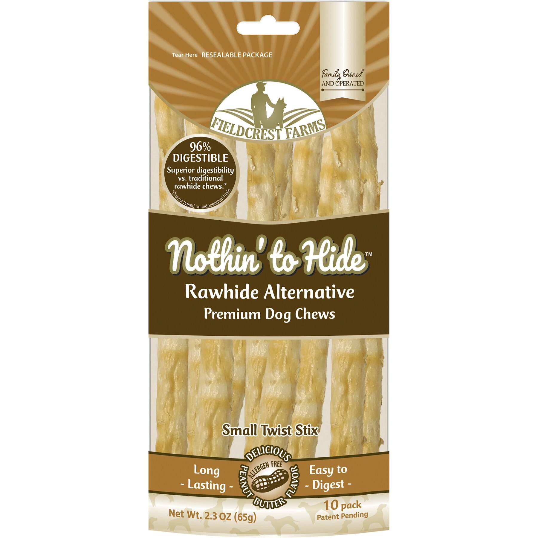 Fieldcrest Farms Nothin' To Hide Rawhide Alternative Premium Dog Chews Small Twist Stix Peanut Butter Flavor Natural Chew Dog Treats, 10 count