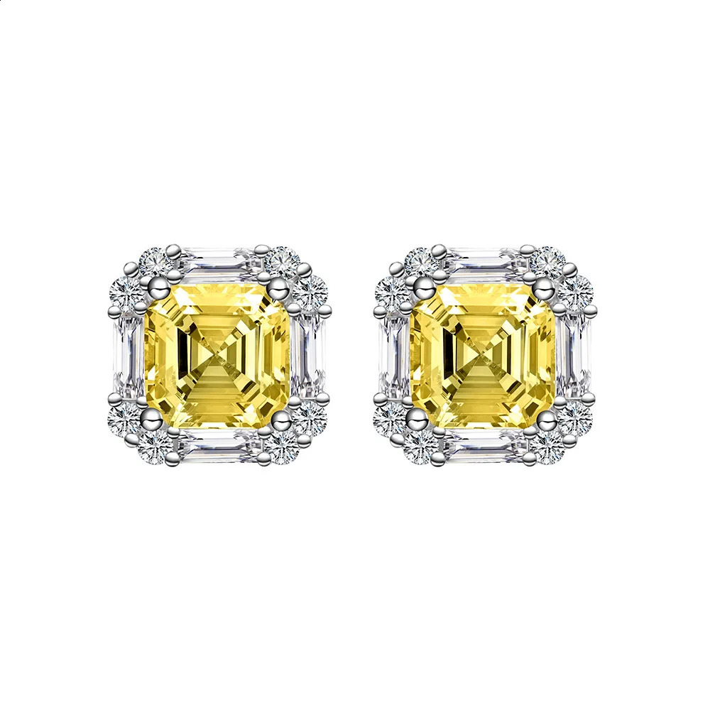 Zhenchengda 7 * 7 Yellow Diamond Earrings 925 Pure Silver Vertical Chamfered High Carbon Diamond Earrings 241120