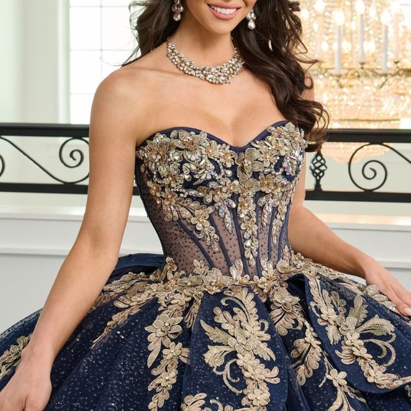 Navy Blue Shiny Ball Gown Quinceanera Dresses Gold Appliques Lace Beads Crystal Tull Corset Vestidos 15 De XV Anos Sweet 16 Dress Dr0320